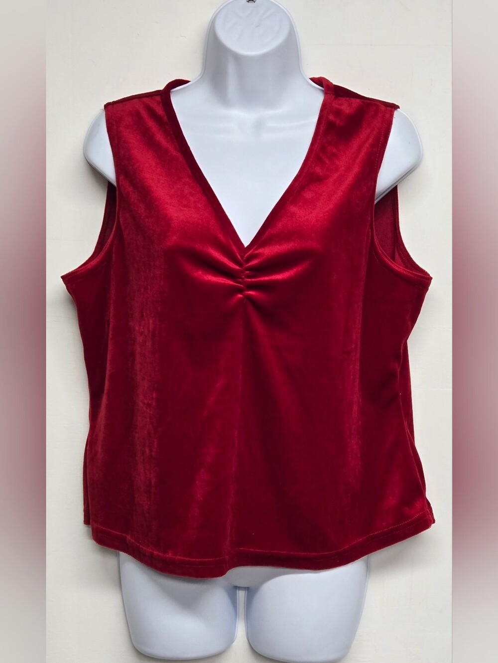 MKM Designs L Vintage Red Velvet Top Ruched V Neck Sleeveless Stretch Knit New